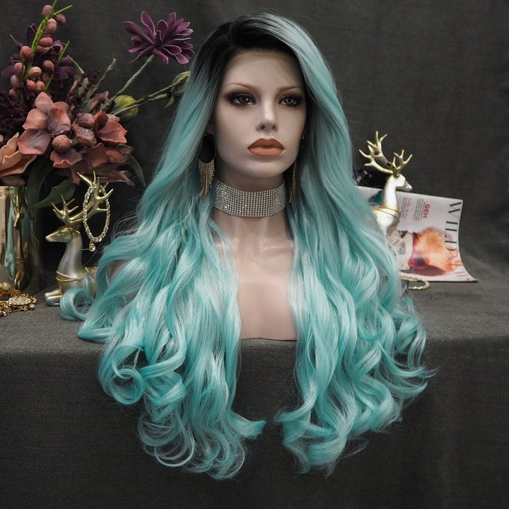 Nicole - Baby Blue With Dark Root Long Loose Wave Synthetic Lace Front Wig - Imstyle-wigs