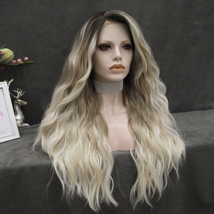Ombre Blonde Curly Long Synthetic Lace Front Wig For Women Daily Looking - Imstyle-wigs