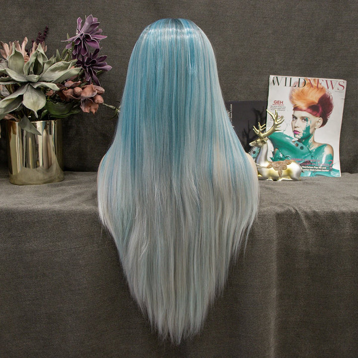 Ombre Blue Grey Wig Long Straight Synthetic Lace Front Wig 30 inch - Imstyle-wigs