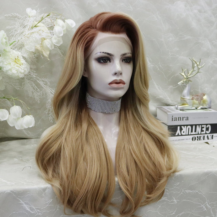 Ombre Brownish Pink to Dark Blonde Wavy Synthetic Lace Front Wig - Imstylewigs