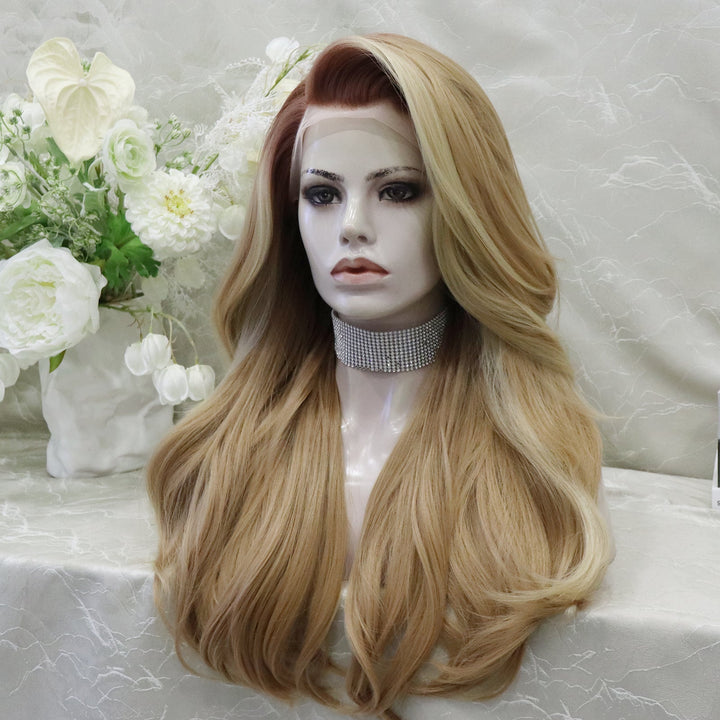 Ombre Brownish Pink to Dark Blonde Wavy Synthetic Lace Front Wig - Imstylewigs