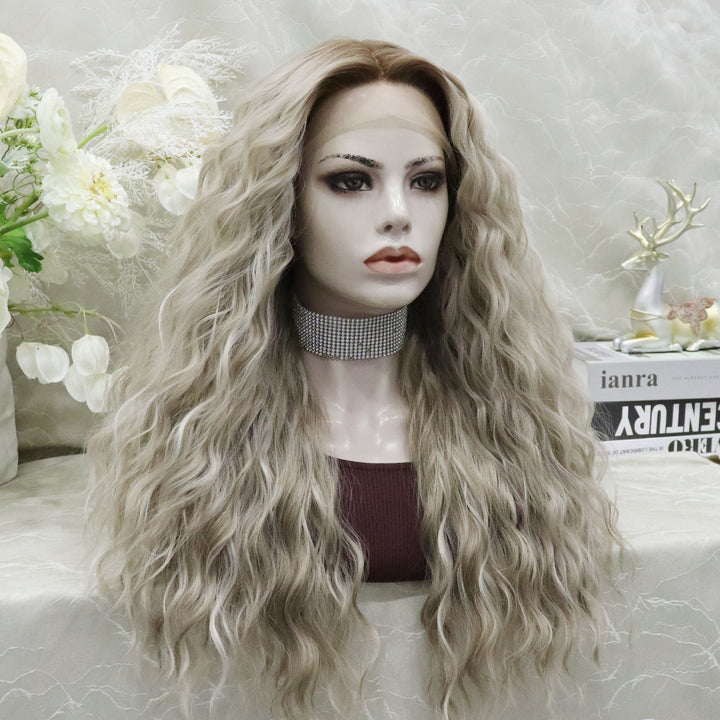 Ombre Dark Brown Roots to Ash Blonde Water Wave Synthetic Lace Wig - Imstylewigs