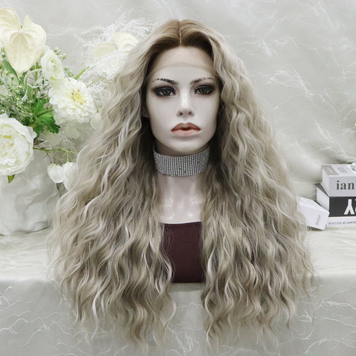 Ombre Dark Brown Roots to Ash Blonde Water Wave Synthetic Lace Wig - Imstylewigs