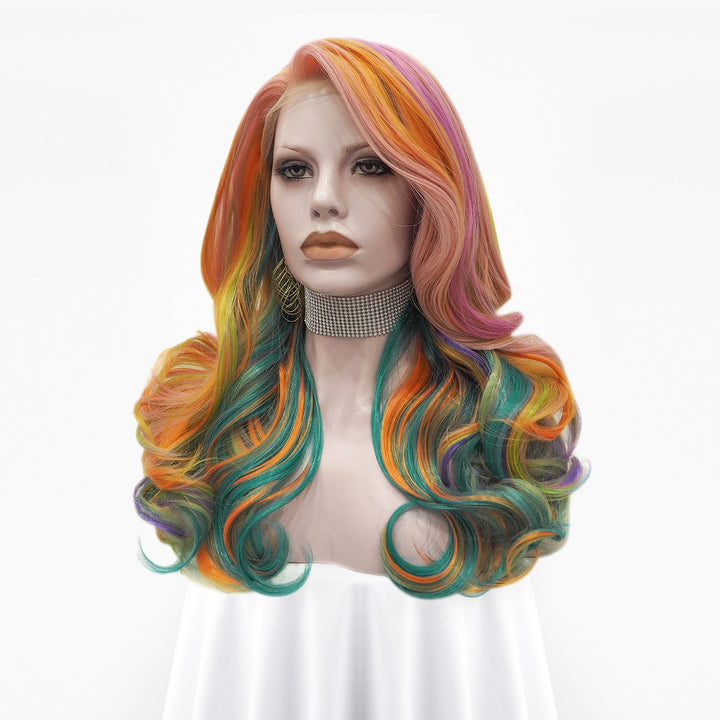 Orange And Green Colorful Colored Wave Synthetic Lace Front Drag Queen Wig - Imstyle-wigs