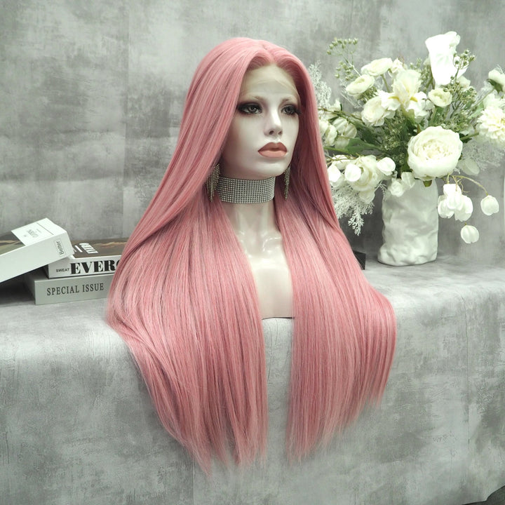 Peach Pink Long Straight Synthetic Lace Front Wig For Women - Imstyle-wigs