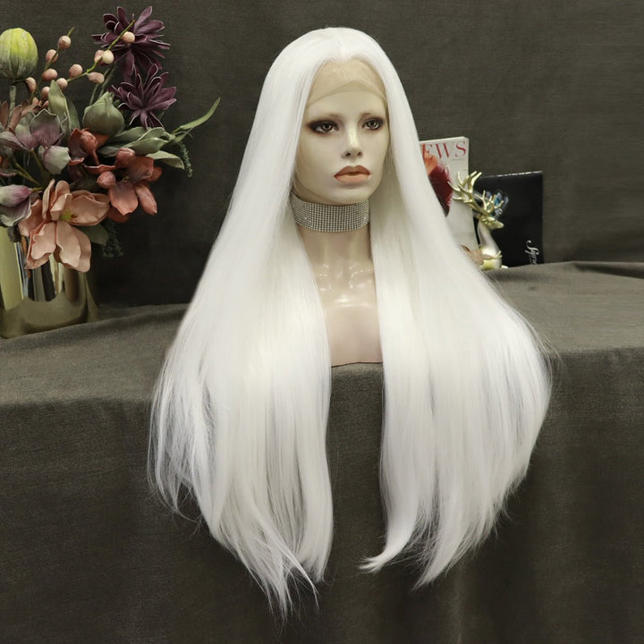 Pearl White Silk Long Straight Synthetic Lace Front Wigs - Imstyle-wigs