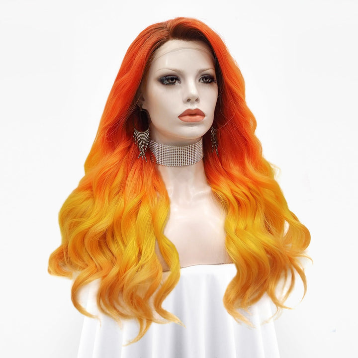 Phoenix - Orange to Blonde Ombre Long Wave Synthetic Lace Front Wig - Imstyle-wigs