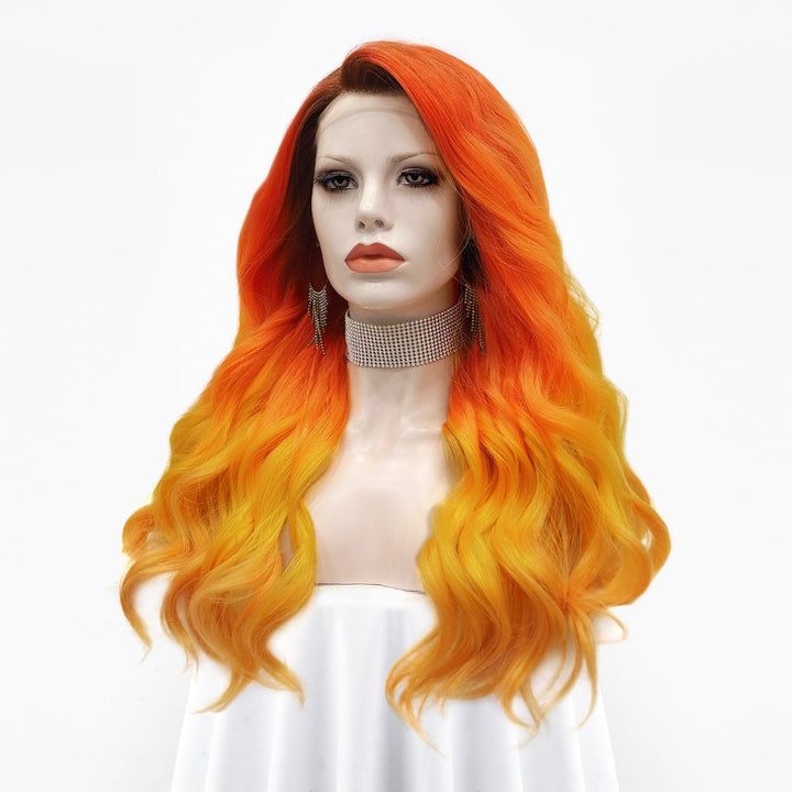 Phoenix - Orange to Blonde Ombre Long Wave Synthetic Lace Front Wig - Imstyle-wigs