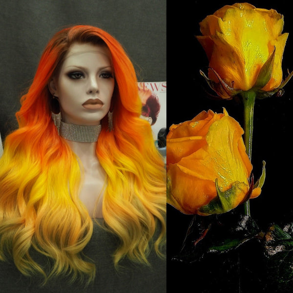 Phoenix - Orange to Blonde Ombre with Tinsel Long Wave Synthetic Lace Front Wig - Imstyle-wigs