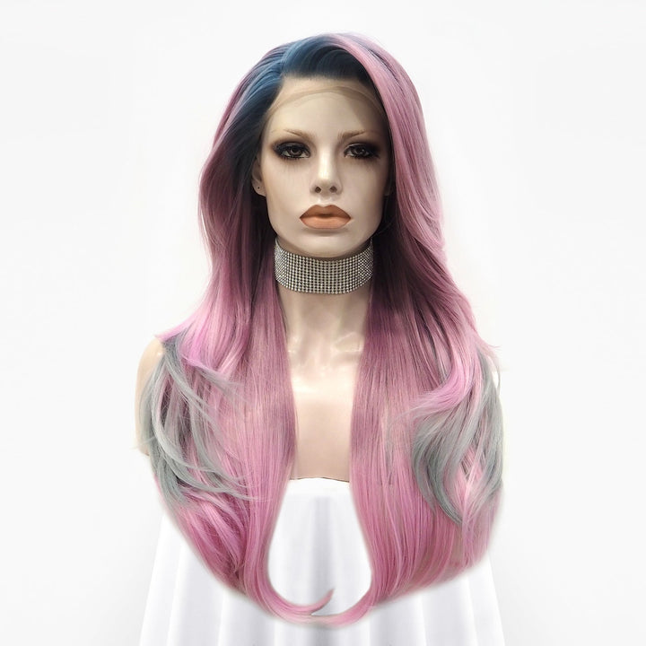 Pink Blue And Gray Ombre Long Loose Wave Synthetic Lace Front Wig - Imstyle-wigs