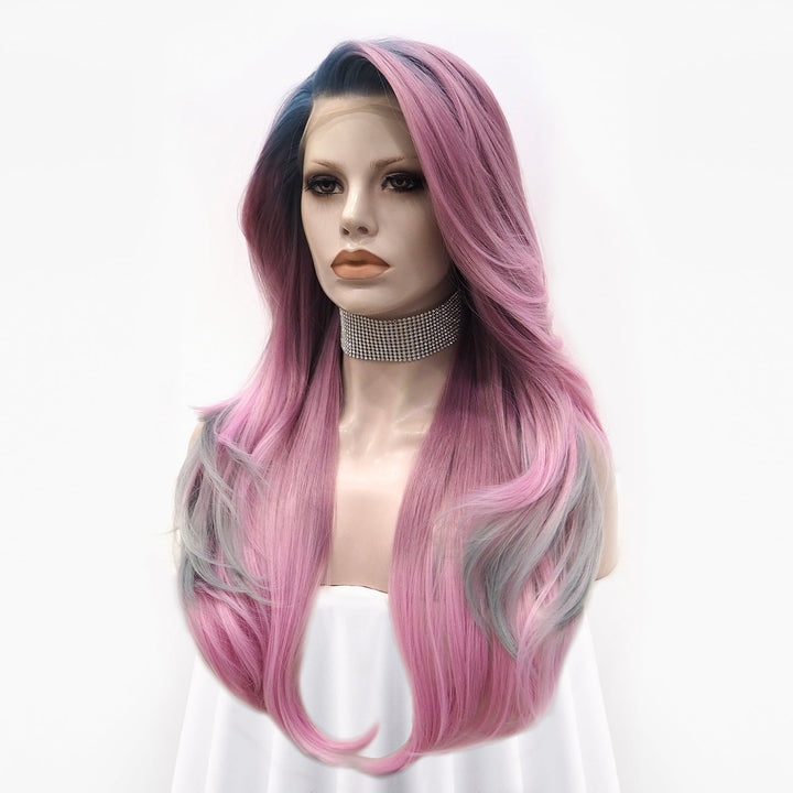 Pink Blue And Gray Ombre Long Loose Wave Synthetic Lace Front Wig - Imstyle-wigs