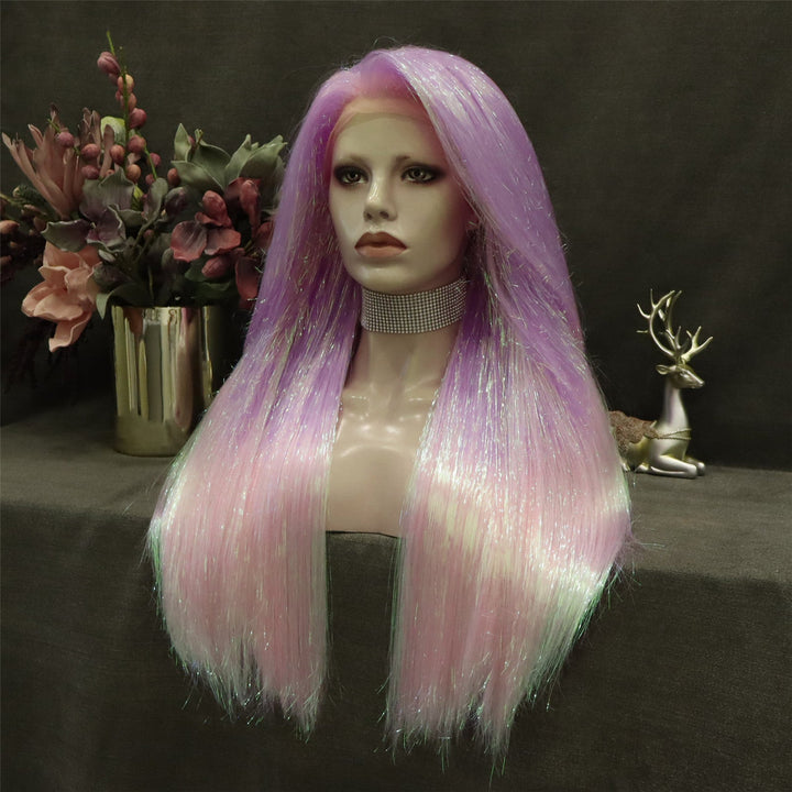 Pink Ombre Tinsel With Synthetic Long Straight Lace Front Costume Party Wig - Imstyle-wigs
