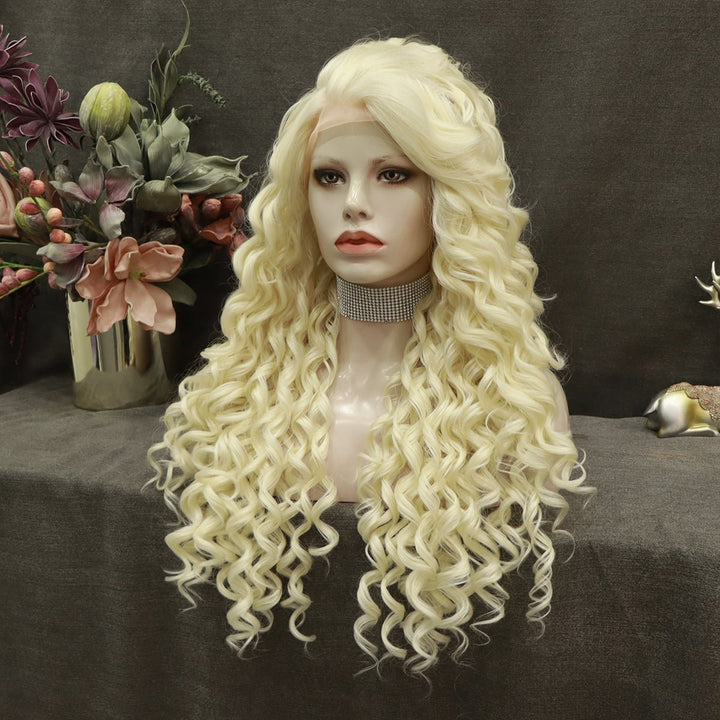 Platinum Blonde Kinky Curly Lace Front Synthetic Wigs AM181001613 - Imstyle-wigs