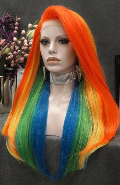 Pride - Rainbow Color With Gold Tinsel Long Straight Synthetic Lace Front Wig - Imstyle-wigs