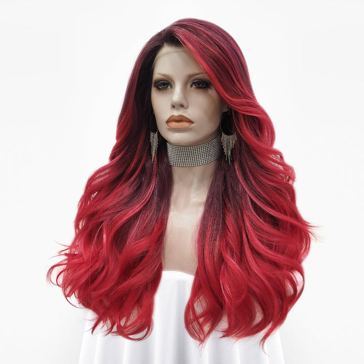 Rose - Wine Red With Dark Root Long Wavy Synthetic Lace Front Wig - Imstyle-wigs