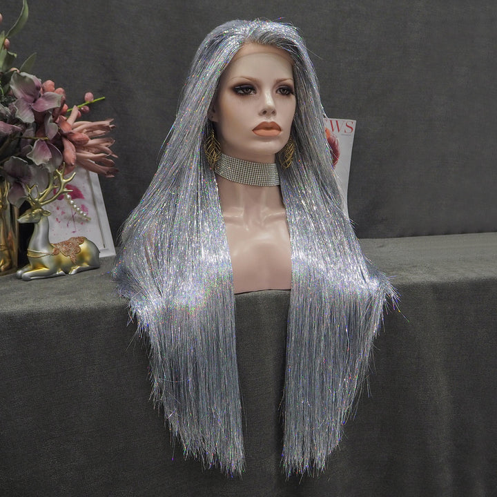 Sandy - Silver Gray White with Tinsel Long Straight Wig - Imstyle-wigs