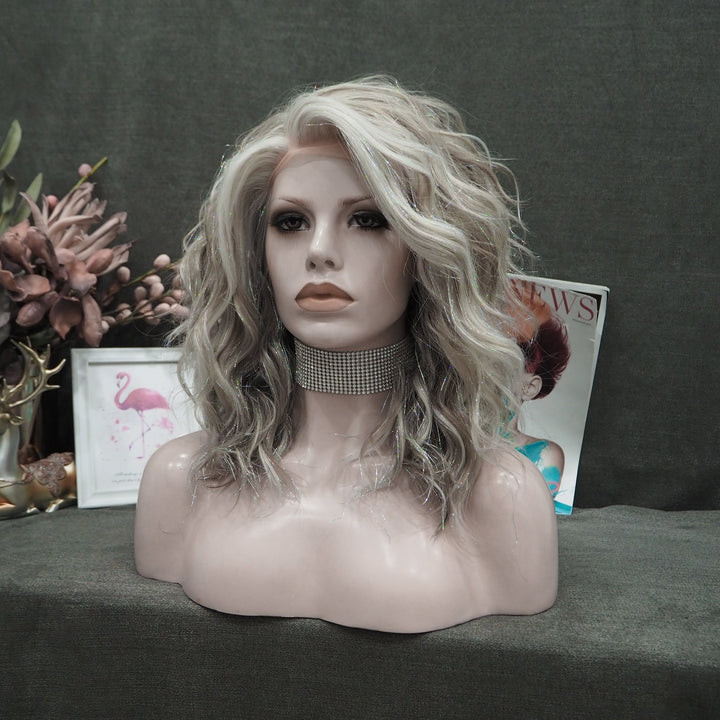 Silver Blonde And Brown Loose Curl Short Synthetic Lace Front Wig - Imstyle-wigs