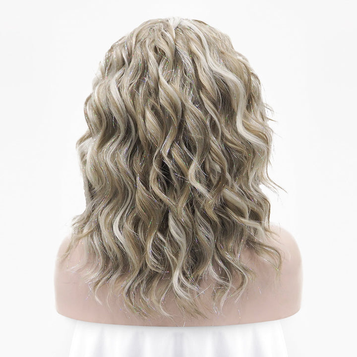 Silver Blonde And Brown Loose Curl Short With Tinsel Synthetic Lace Front Wig - Imstyle-wigs