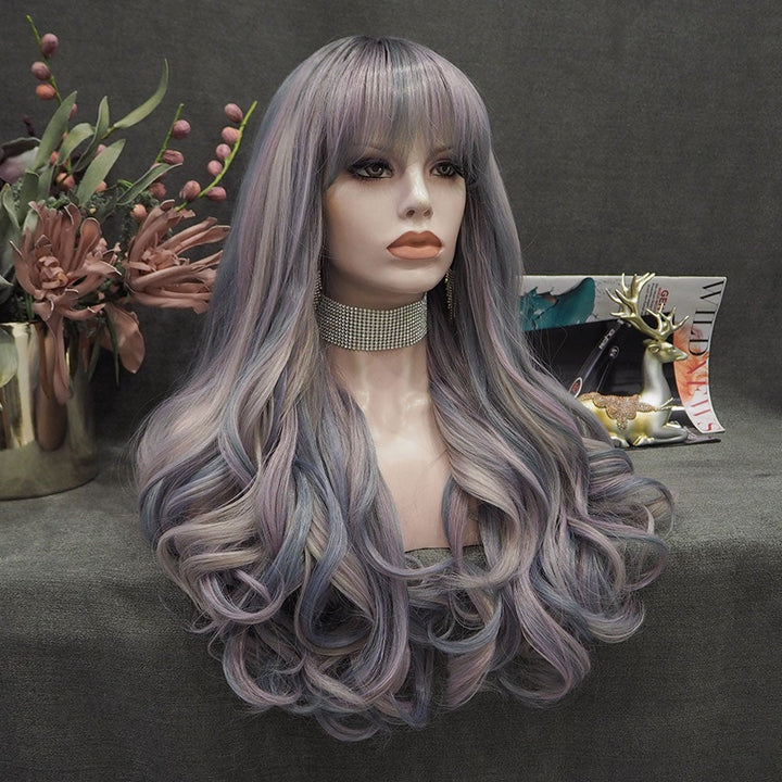 Siren - Low Key Gray Blue Long Wavy Synthetic Wig with Bangs - Imstyle-wigs
