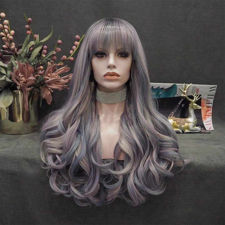 Siren - Low Key Gray Blue Long Wavy Synthetic Wig with Bangs - Imstyle-wigs