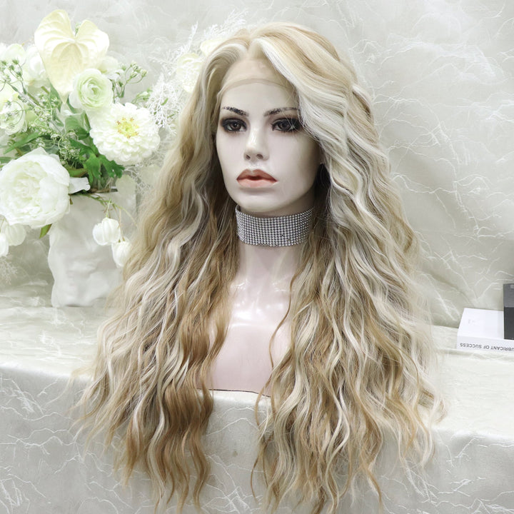 Skunk Stripe Cream Blonde With Highlight Water Wave 13*4 Lace Front Wig - Imstylewigs