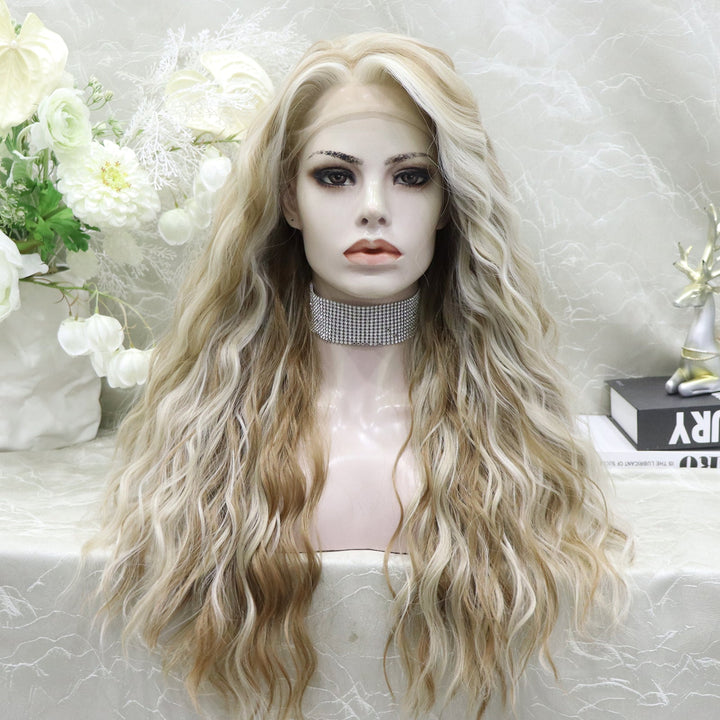 Skunk Stripe Cream Blonde With Highlight Water Wave 13*4 Lace Front Wig - Imstylewigs