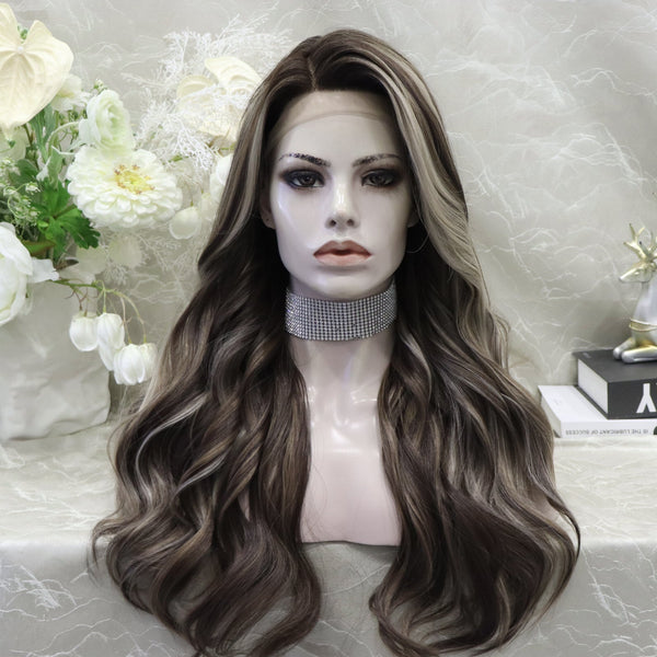Skunk Stripe Natural Dark Brown With Blonde Highlight Body Wave 13*4 Lace Front Wig - Imstylewigs