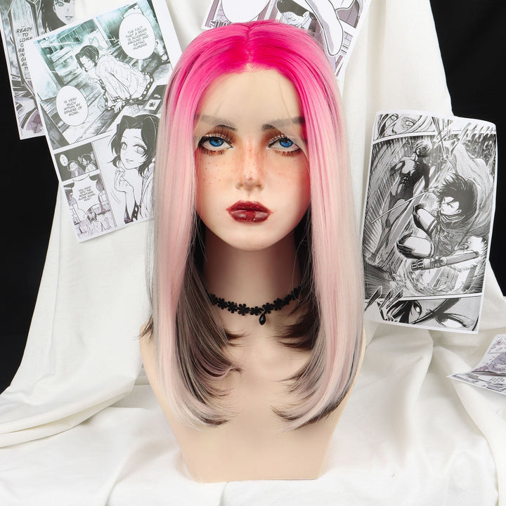 Spice Girls Pink Coral Ombre with Dark Brown Hidden Hair Shoulder Straight Lace Front Wig - Imstyle-wigs