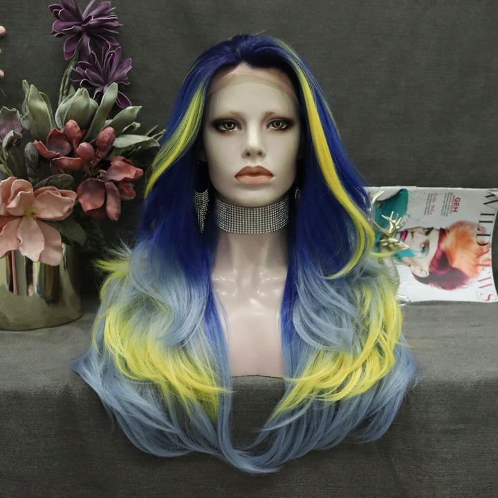 Splash Ink -Dark Blue Ombre And Yellow Highligjhts Long Loose Wave Lace Front Wig - Imstyle-wigs