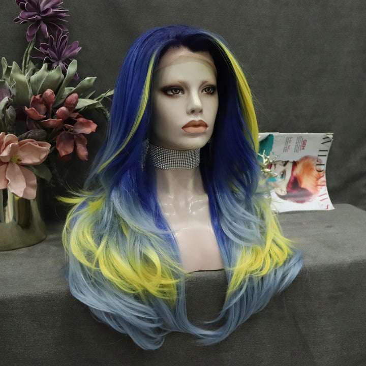 Splash Ink -Dark Blue Ombre And Yellow Highligjhts Long Loose Wave Lace Front Wig - Imstyle-wigs