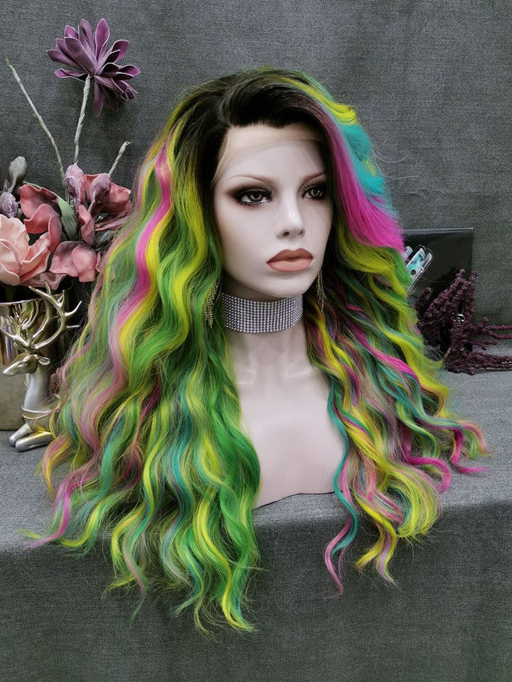 Spring-Iris Rainbow Green Synthetic Lace Wigs For Drag Queen - Imstyle-wigs