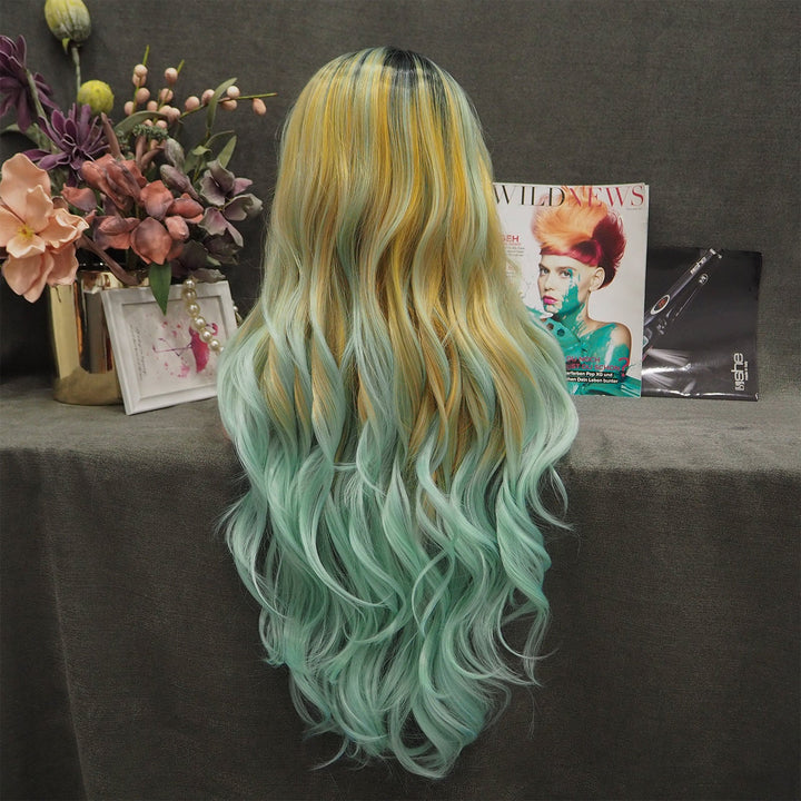 Sunflower - Light Yellow And Green Ombre With Dark Root Synthetic Lace Front Wig - Imstyle-wigs