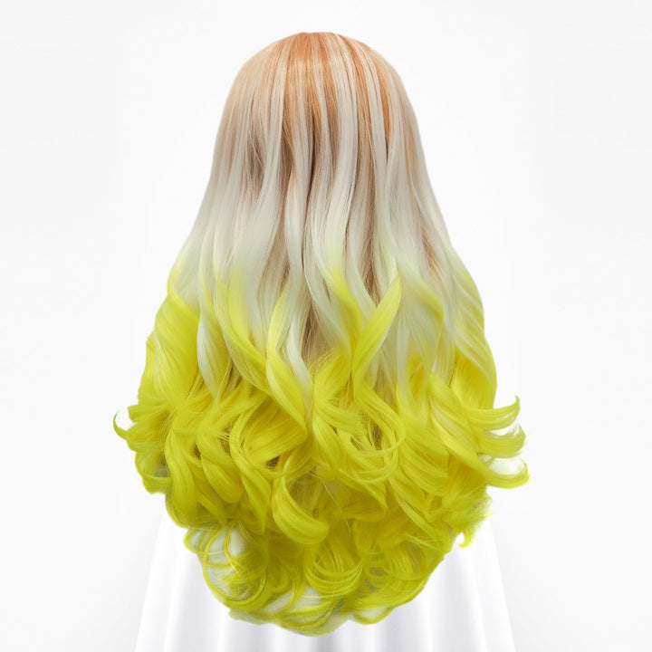 Sunrise - Coral, Platinum, Bright Yellow Ombre Long Wavy Synthetic Lace Front Wig - Imstyle-wigs