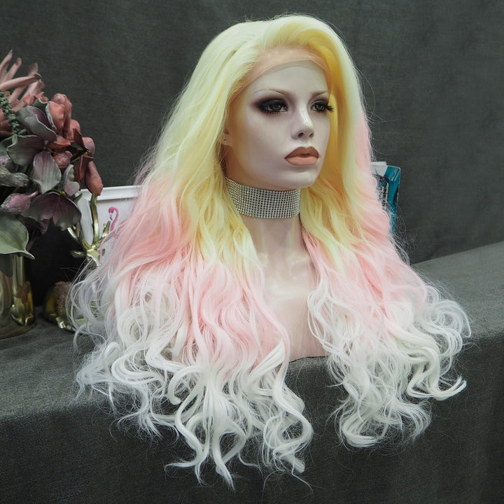 Sylph Yellow Pink Ombre Noctilucent Long Curly Synthetic Lace Front Wigs - Imstyle-wigs