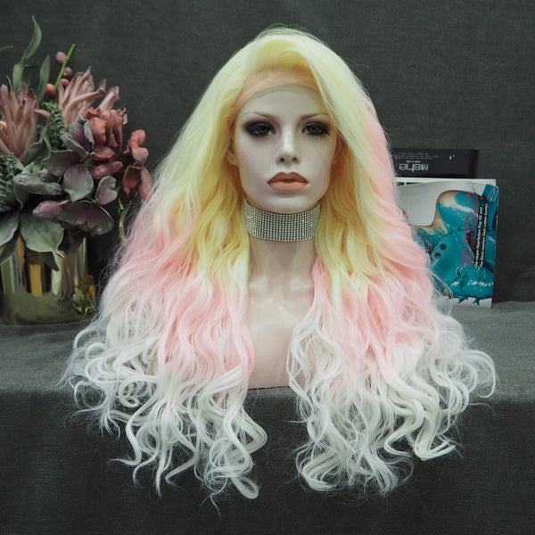 Sylph Yellow Pink Ombre Noctilucent Long Curly Synthetic Lace Front Wigs - Imstyle-wigs