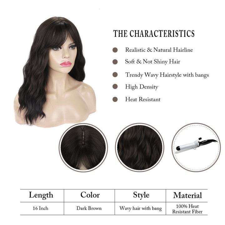 Taylor - Dark Brown Wavy Synthetic Wig With Bangs CFW02 - Imstyle-wigs