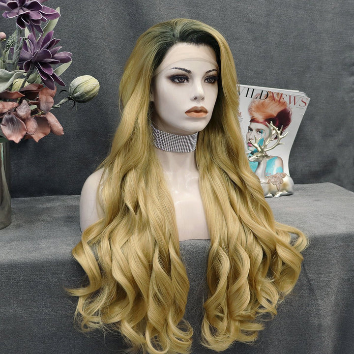 Tina - Blonde With Dark Root Long Wavy Synthetic Lace Front Wig - Imstyle-wigs