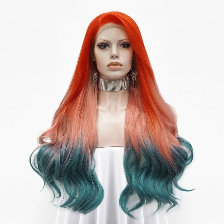 Venus - Coral-Orange Blue Ombre With Silver Synthetic Lace Front Wig - Imstyle-wigs