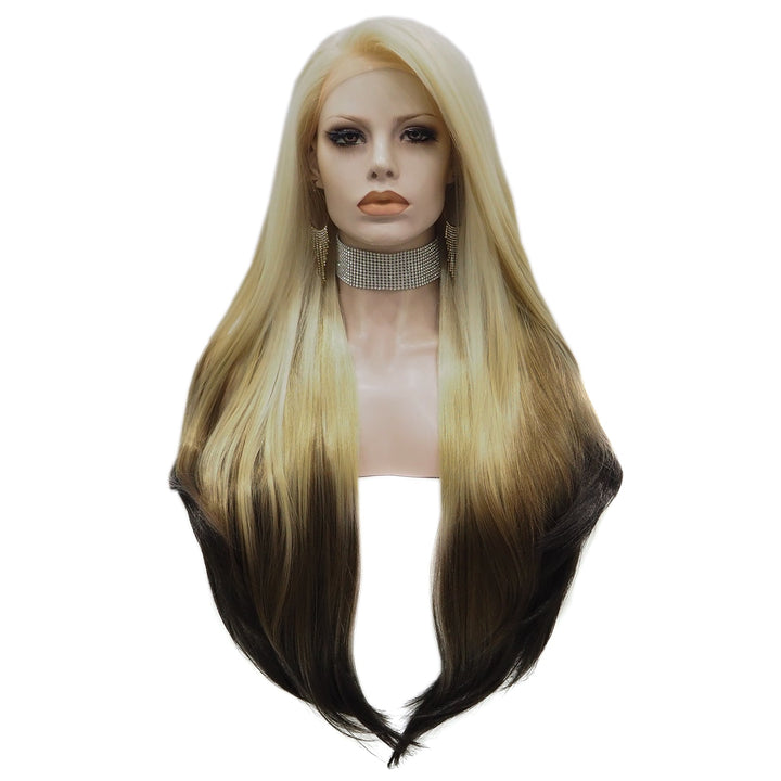 White Blonde to Black Ombre Long Straight Lace Front Hair For Drag Queen - Imstyle-wigs