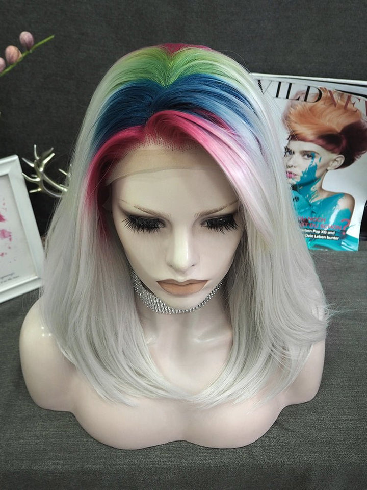 White Grey With Rainbow Root Short BOB Synthetic Lace Front Wig Imstyle - Imstyle-wigs